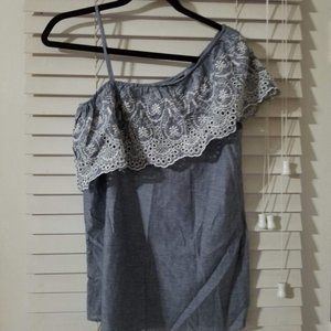 Fourteenth Place / S / Chambray One Shoulder Ruffl